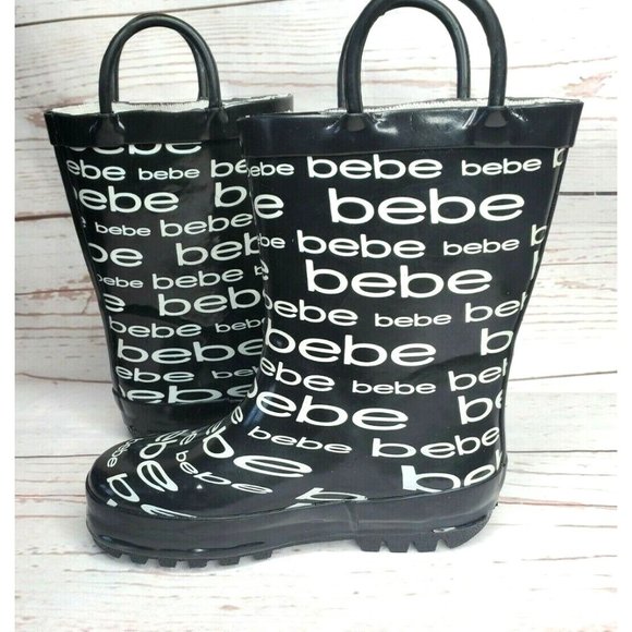 Girls Designer BeBe Graphics L 9/10 25 #121229 Black And White Rain Boots - Picture 3 of 12